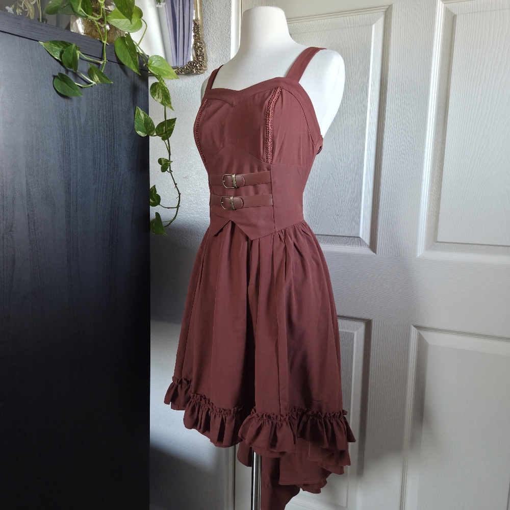 Scarlet Darkness steampunk brown red rust high-low dress Sz Small Ruffle detail - Picture 3 of 5